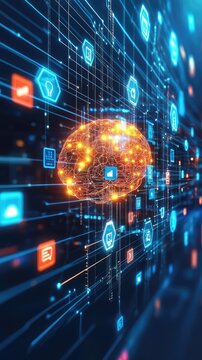 Digital abstract representation of a brain surrounded by glowing data connections.