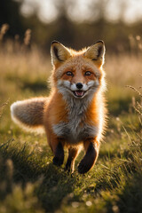 Fototapeta premium Majestic fox running through a golden field. Natural and beautiful wildlife scene, perfect for nature and animal themed content