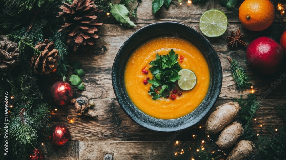 Poster a rustic wooden table set with a bowl of spicy shrimp soup, garnished with lime and herbs, alongside