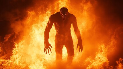 Fototapeta premium A dark and twisted devil figure with sharp claws standing in the middle of a hellish inferno with flames and smoke rising around it