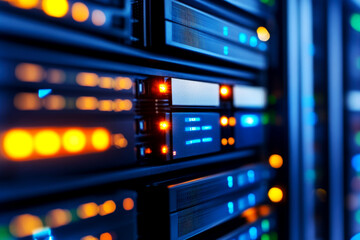 Naklejka premium High-performance data center server operations modern facility digital infrastructure controlled environment close-up view technology innovation