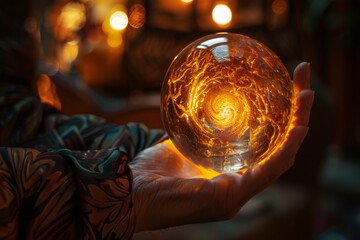 Glowing crystal ball in enchanted setting