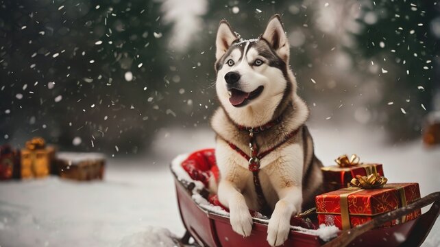 Husky dog sitting in sleigh with christmas gifts during snowfall. Winter Christmas composition with a dog in the forest. - Powered by Adobe