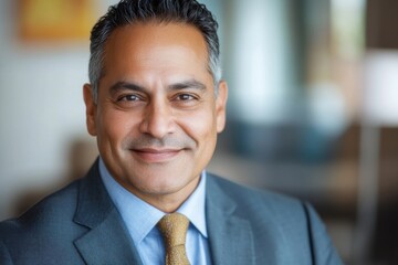 Fototapeta premium Professional portrait of a successful hispanic or indian business executive, mature male ceo in a tailored suit, smiling confidently in a modern corporate office environment