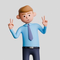 3D render cartoon young man isolated on white background, wearing blue shirt and tie, making a peace gesture.