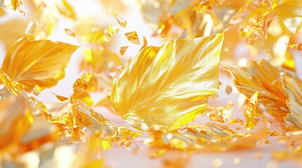 Golden leaves floating, abstract background.
