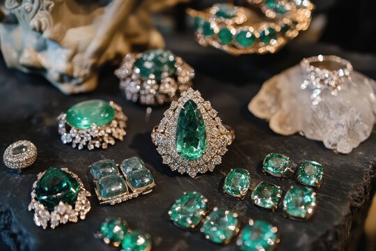 A collection of elegant emerald jewelry showcased on a polished table, highlighting its vibrant green hues and intricate designs. A beautiful night sky with a green aurora borealis