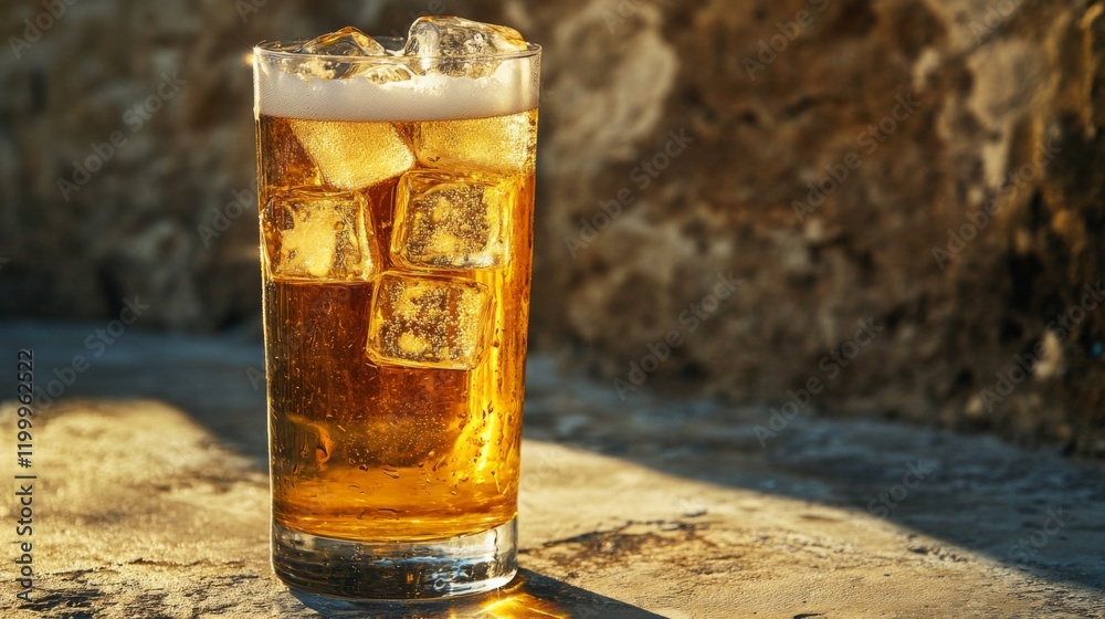 Poster a tall glass of beer with large ice cubes inside, set on a smooth countertop with natural light refl