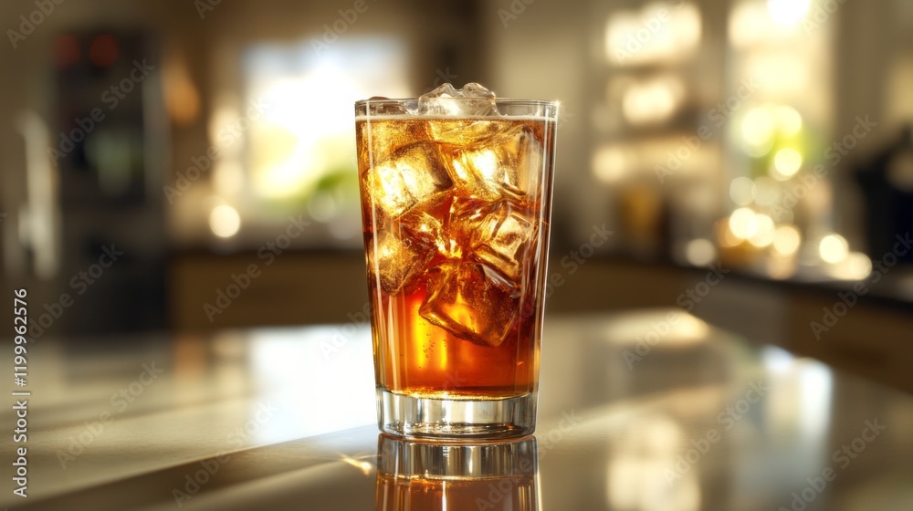 Poster a tall glass of beer with large ice cubes inside, set on a smooth countertop with natural light refl