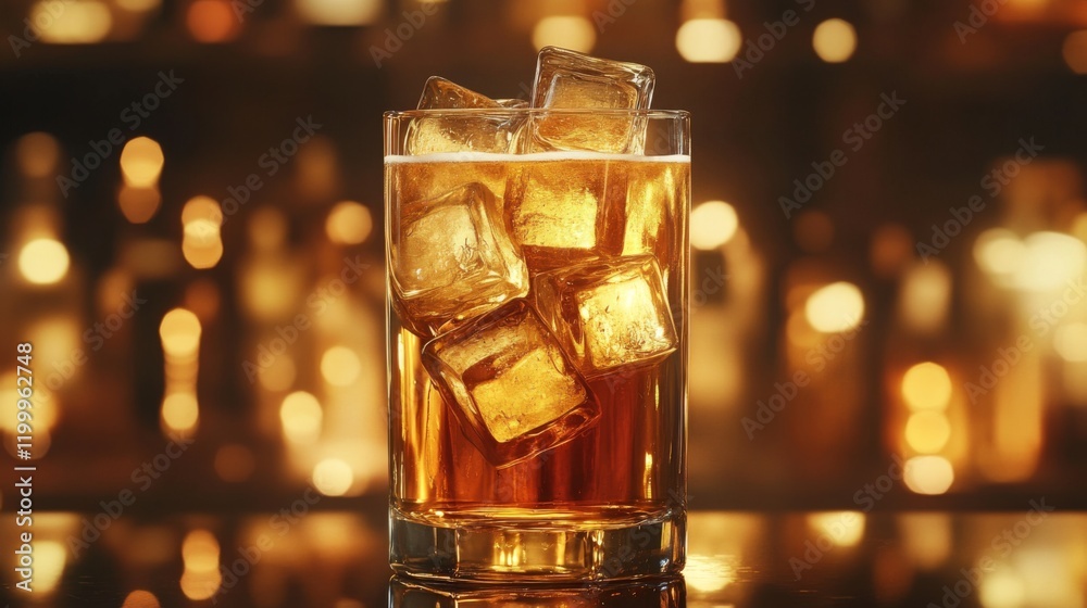 Poster a tall glass of beer with large ice cubes inside, set on a smooth countertop with natural light refl