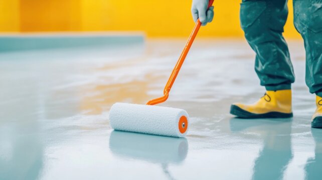 Floor painting action construction site process imagery bright environment close-up view renovation concept