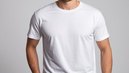 Blank white male t-shirt mockup template.Minimalistic gray background.	
