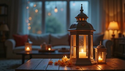 Cozy candlelit lanterns in dim living room, perfect for autumn ambiance decorations