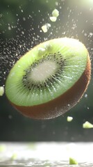 3D animation of a kiwi being sliced midair with rotating slices