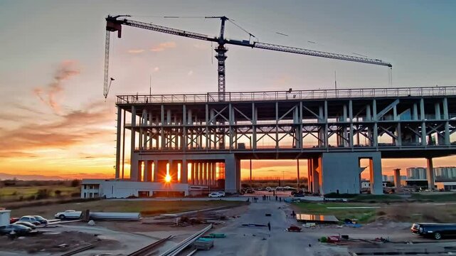 construction site at sunset unfinished building structure silhouette of crane