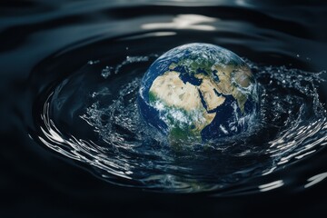 Planet Earth depicted as a drop of water creating ripples in a dark background