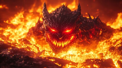 A sinister devil with glowing red eyes and a menacing grin standing amidst the flames of hell surrounded by molten lava