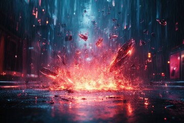 Naklejka premium Fiery explosion, raining shards, city night.