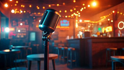 Live music venue with a vintage microphone preparing for an evening of performances and entertainment