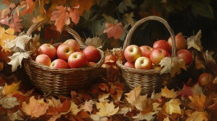 Two Wicker Baskets Overflowing With Fresh Apples Amidst Fallen Autumn Leaves