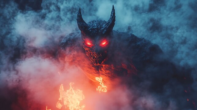 A dark and twisted devil figure with glowing red eyes and sharp horns standing amidst the flames of hell with molten rocks and smoke swirling around it