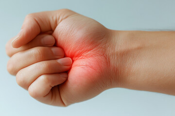 Hand holding red spot on wrist, close-up. Medical examination for possible skin condition or injury. Evaluation of skin health and possible treatment needed.