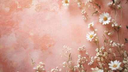 Pastel pink backdrop with wildflowers and white daisies flat lay
