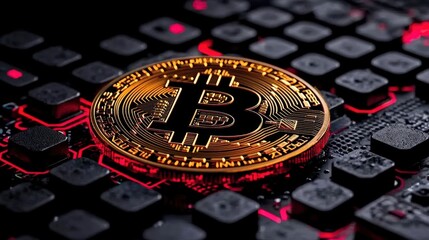 A gold bitcoin rests on a dark computer keyboard with red backlighting. This image represents the intersection of cryptocurrency and technology. Ideal for articles or blog posts about bitcoin.