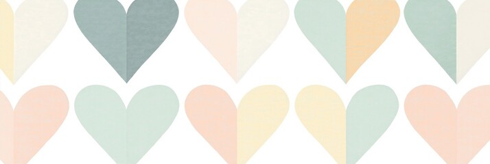 Pastel colored heart patterns stacked alternately. Soft shades of pink, green, blue, and yellow. Repeated design for decor, textiles, or stationery