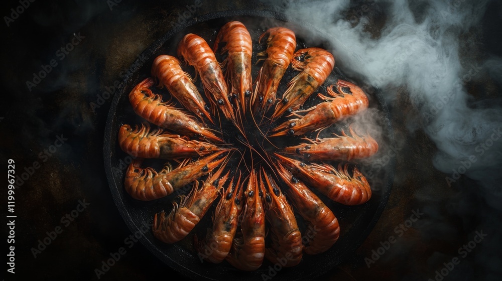 Poster a top-down view of large grilled prawns arranged in a circle on a platter, with steam rising and a g