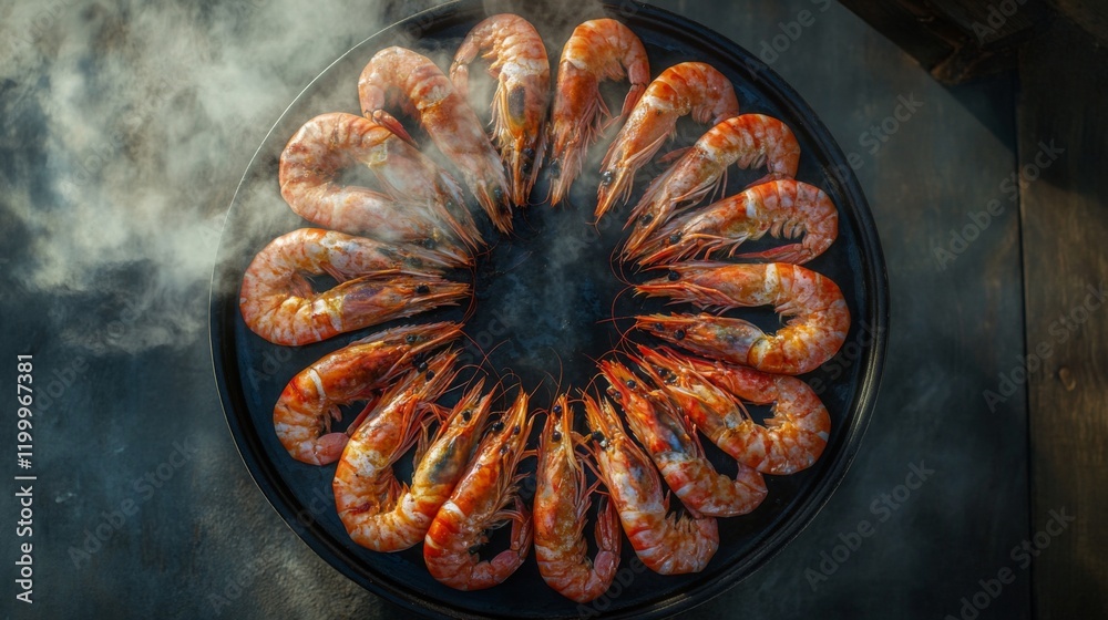 Poster a top-down view of large grilled prawns arranged in a circle on a platter, with steam rising and a g