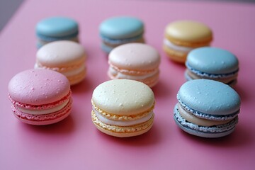 Obraz premium Pastel Macarons on Pink Background Delicious Sweet Treats