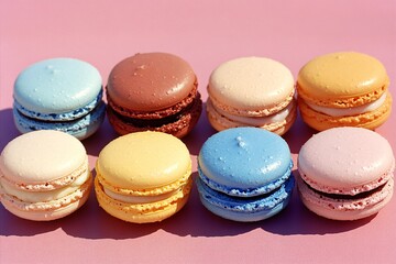 Fototapeta premium Assorted Colorful Macarons on Pink Background