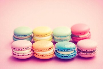 Obraz premium Colorful Macarons on Pink Background Delicious French Pastry Sweets