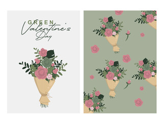 Green Valentine's Day Floral Pattern and Bouquet Set. Sustainable Valentine's Day bouquet. Eco-friendly valentine, wedding or birthday. Flat style. Paper kraft. Posters set. Vector illustration