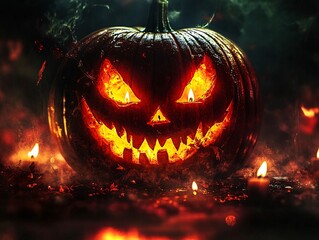 Fototapeta premium Fiery Halloween Pumpkin Jack O Lantern Night Scene