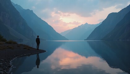 Contemplative man in suit by tranquil lake at sunrise, nature retreat meditation concept
