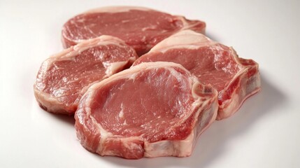 A variety of fresh pork cuts displayed on a clean surface, with visible fat lines and a glossy appearance, capturing the freshness of the meat
