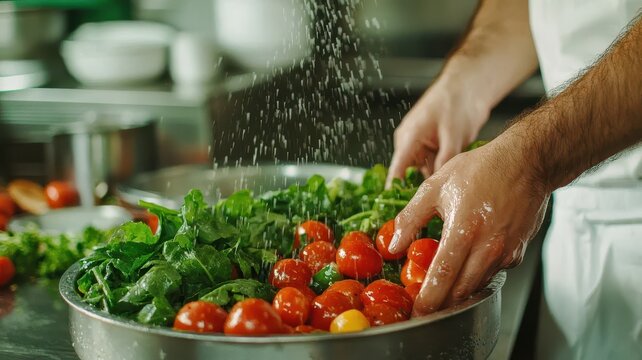 Fresh food safety and quality a chef washing vegetables in a kitchen environment focused view on hygiene practices