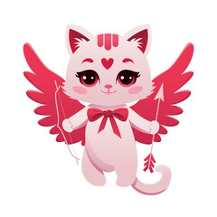 Cute Cupid Cat Character with Bow and Arrow. Happy Valentine's Day Vector Illustration in Cartoon Style.