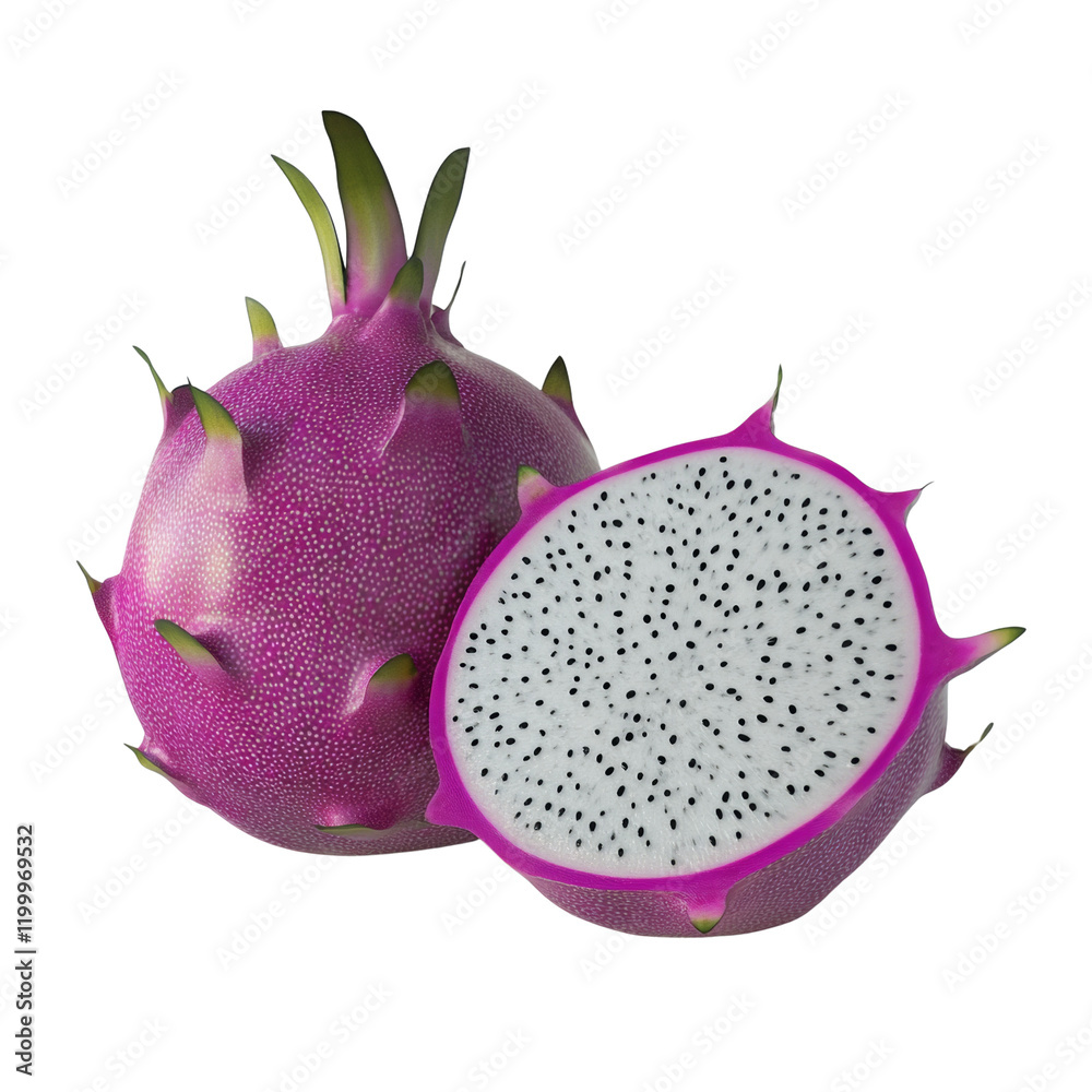Poster a single whole and a halved dragon fruit are shown against a plain white background highlighting the