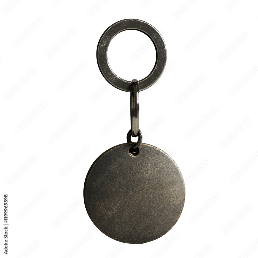 Aufkleber The image shows a dark metallic round keychain with a simple ring; the circular tag is blank.