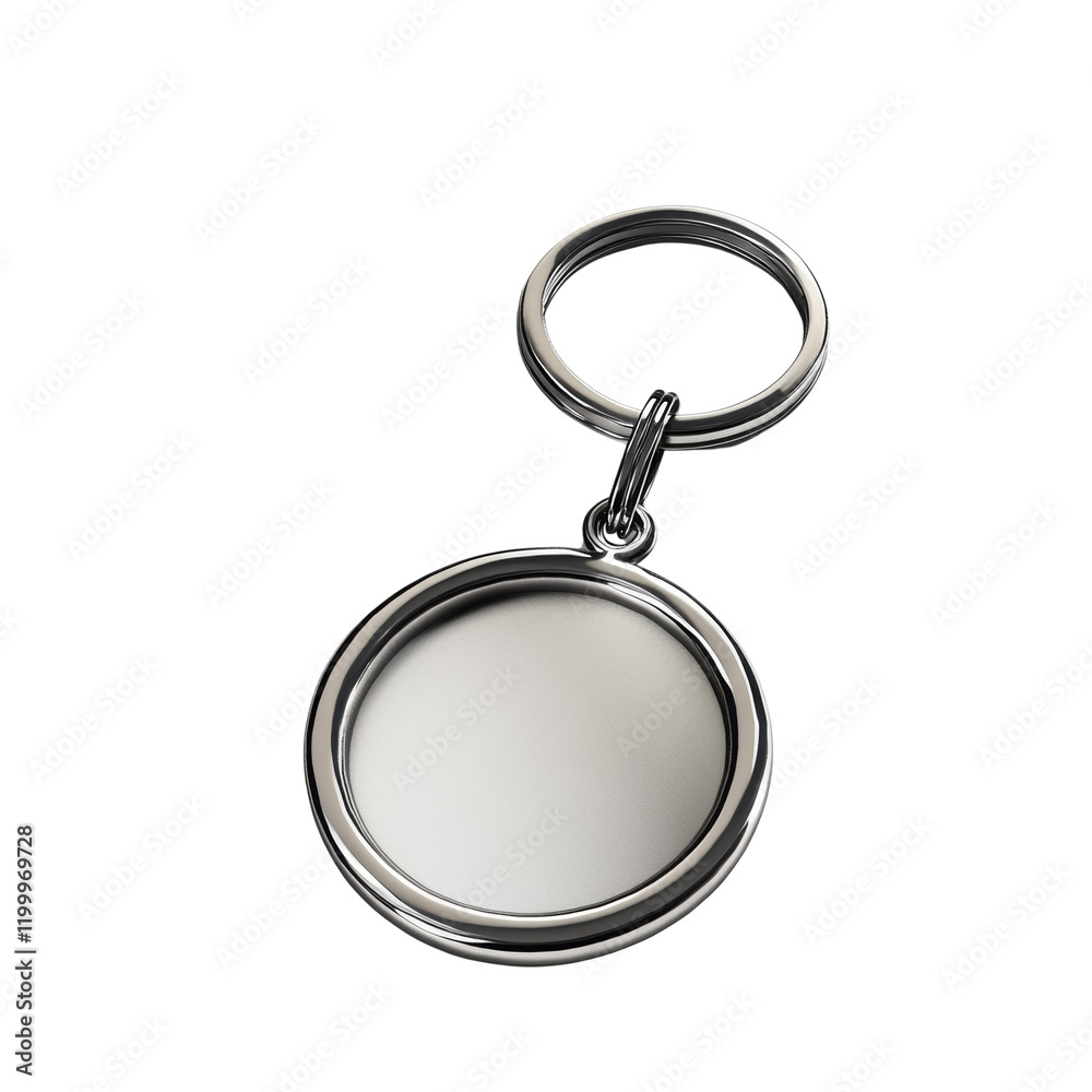 Poster a silver circular keychain with a blank space suitable for logo placement or branding is shown again