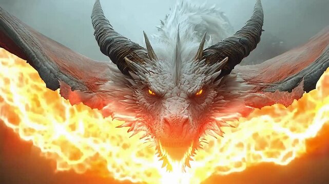 Majestic white dragon breathing fire in epic fantasy scene