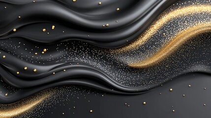 Abstract black and gold flowing fabric with glittering particles.