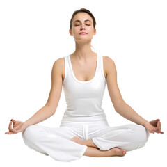 Serene Woman Meditating Yoga Pose White Clothing Peaceful Mindfulness Spiritual Wellness Practice   