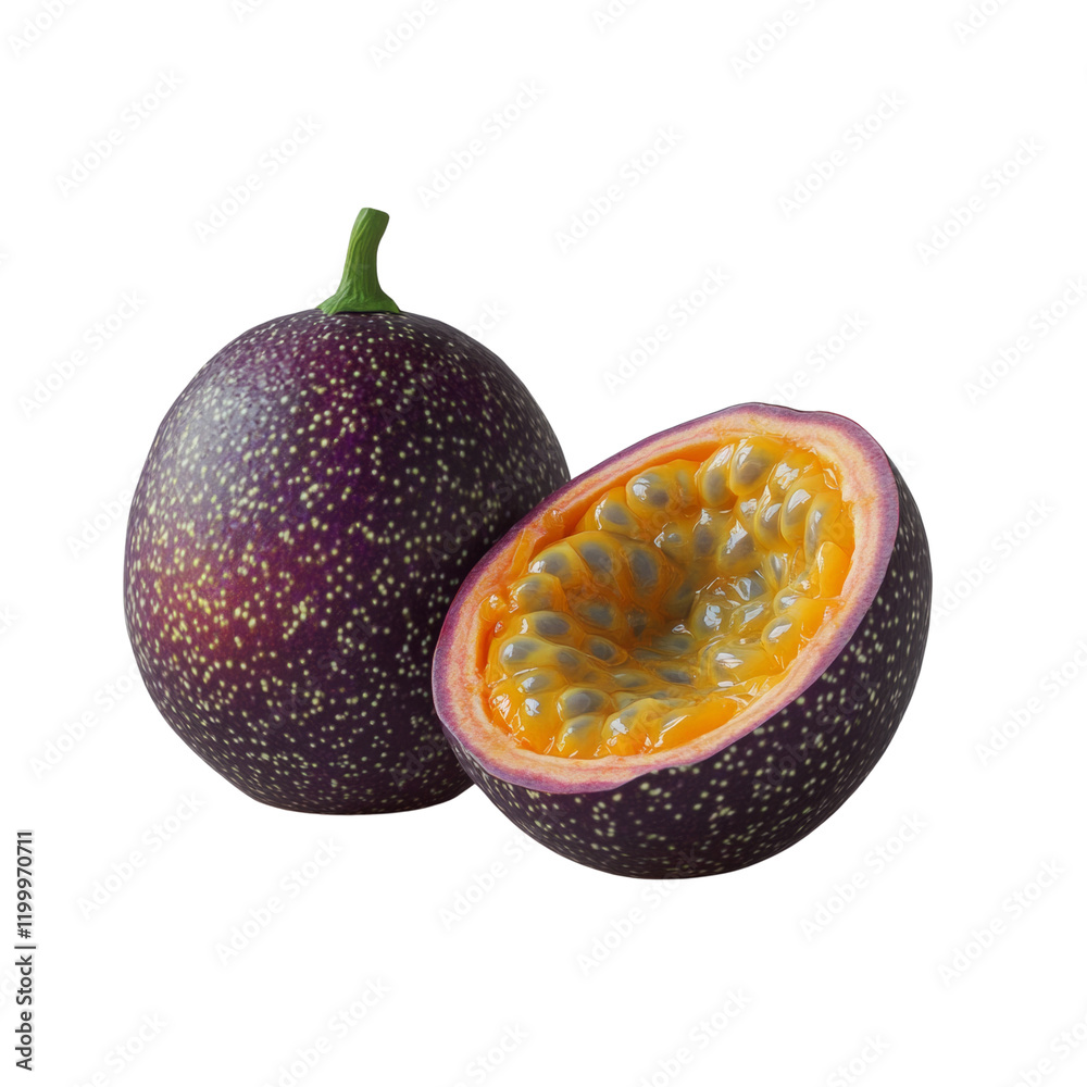 Poster a single whole passion fruit and a half showing its vibrant yellow pulp and numerous seeds against a