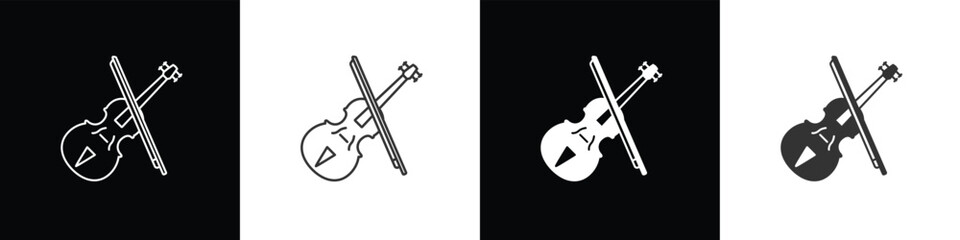 Violin with bow icon. String musical instrument line art vector icon for music. Violin icon vector illustration in black, white and transparent background. Eps10