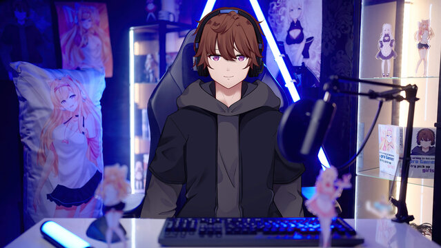 Male 2D anime gamer vtuber streamer interacting from geeky merch room