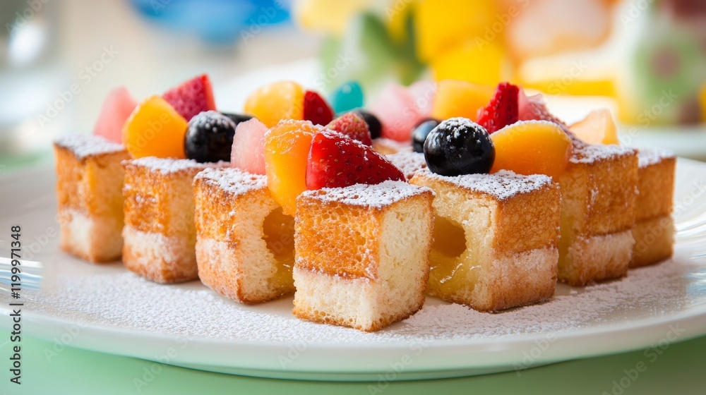Poster a whimsical presentation of mini honey toast bites served on a plate, topped with colorful fruit and